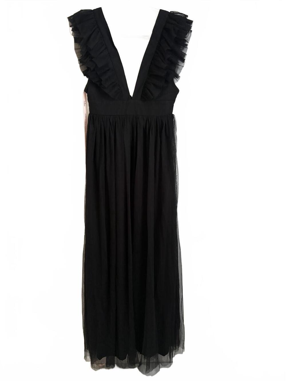 Lulus | NWT Simply Delighted Black Deep V Mesh Ruffle Backless Maxi Dress Size S - Picture 3 of 9